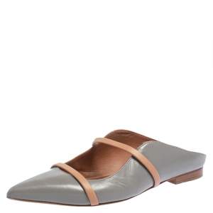Pre Owned Malone Souliers Grey/Beige Leather Maureen Pointed Toe Flats Size 37.5 