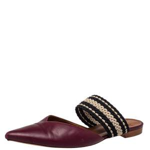 Pre Owned Malone Souliers Burgundy Leather And Fabric Maisie Pointed Toe Flat Mules Size 40