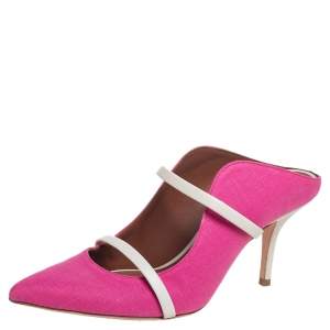 Pre Owned Malone Souliers Pink Canvas Maureen Pointed Toe Mule Sandals Size 37.5