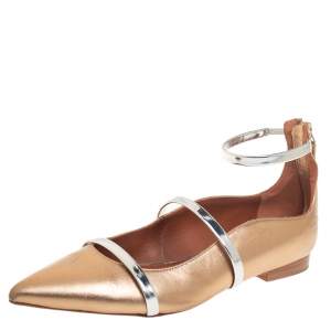 Pre Owned Malone Souliers Gold Metallic/Silver Leather Robyn Flats Size 37