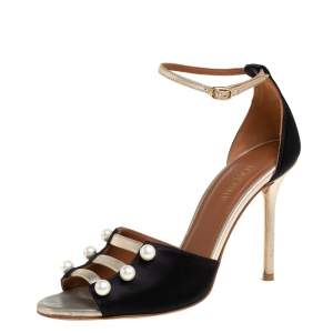 Pre Owned Malone Souliers Black Satin And Leather Peep Toe Sandals Size 36