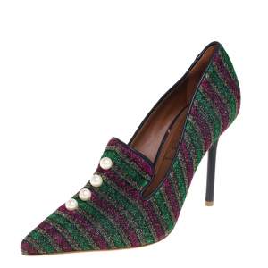 Pre Owned Malone Souliers x Natalia Vodianova Multicolor Knit Fabric Faux Pearl Lubov Loafer Pumps Size 37