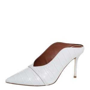 Pre Owned Malone Souliers White Croc Embossed Leather Maureen Pointed Toe Mule Sandals Size 37
