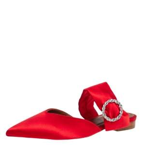 Pre Owned Malone Souliers Red Satin Maite Crystal Buckle Flats Size 36