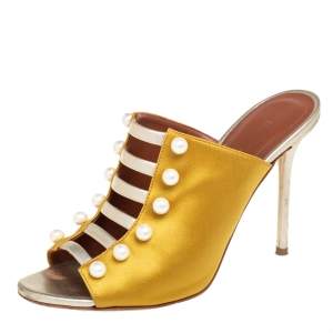 Pre Owned Malone Souliers Yellow/Gold Leather And Satin Zada Mule Sandals Size 38