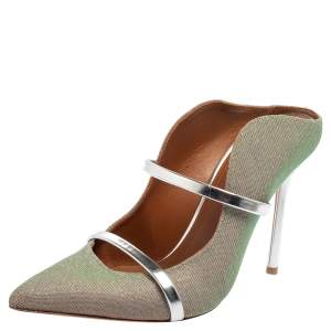 Pre Owned Malone Souliers Green/Silver Leather And Glitter Maureen Sandals Size 38
