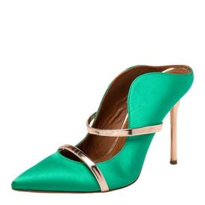 Pre Owned Malone Souliers Green/Gold Satin And Patent Leather Maureen Sandals Size 38.5