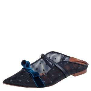 Pre Owned Malone Souliers By Roy Luwolt Blue Mesh And Velvet Marguerite Bow Flat Mules Size 38.5