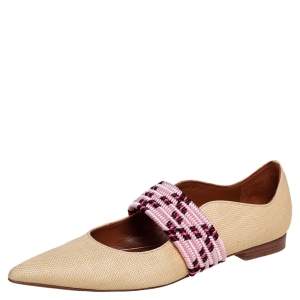 Pre Owned Malone Souliers Beige Coated Raffia Martina Luwolt Flats Size 37
