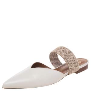 Pre Owned Malone Souliers Cream Leather And Fabric Maisie Pointed Toe Mules Size 36.5
