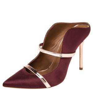 Pre Owned Malone Souliers Burgundy Satin And Leather Maureen Pointed Toe Mule Sandals Size 37
