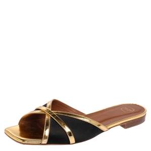 Pre Owned Malone Souliers Gold/Black Satin and Leather Slide Flats Size 39