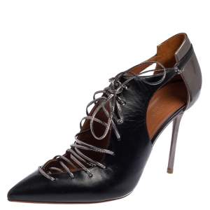 Pre Owned Malone Souliers Black Leather Montana Pointed Toe Lace Up Booties Size 41