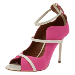 Pre Owned Malone Souliers Pink/White Canvas And Leather Mika Triple Band Peep Toe Sandals Size 39