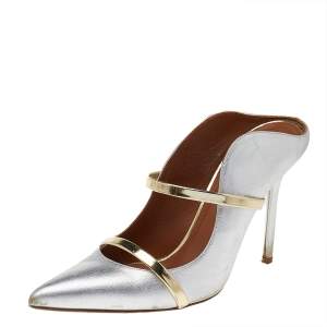Pre Owned Malone Souliers Silver/Gold Patent And Leather Maureen Mules Size 39