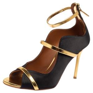 Pre Owned Malone Souliers Gold/Black Satin and Leather Mika Triple Band Peep Toe Pumps Size 37.5