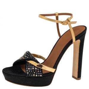 Pre Owned Malone Souliers Lauren Black/Gold Satin Embellished Platform Sandals Size 37