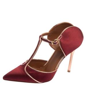 Pre Owned Malone Souliers Burgundy/Rose Gold Satin and Leather Trim Imogen Pumps Size 36