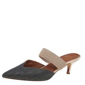 Pre Owned Malone Souliers  Blue/Beige Canvas And Raffia Maisie Pointed Toe Mules Size 38