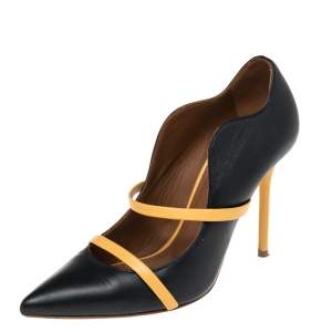 Pre Owned Malone Souliers Yellow/Navy Blue Leather Maureen Pointed Toe Pumps Size 36.5