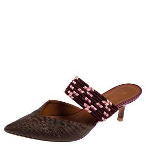 Pre Owned Malone Souliers Brown/Burgundy Canvas And Raffia  Maisie Sandals Size 36.5