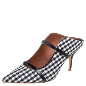 Pre Owned Malone Souliers Black/White Check Canvas Maureen Pumps Size 38