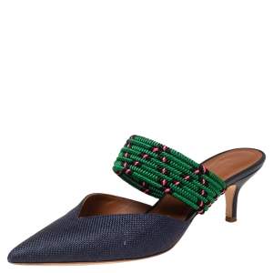 Pre Owned Malone Souliers Navy Blue/Green Raffia and Fabric Maisie Mules Size 38.5