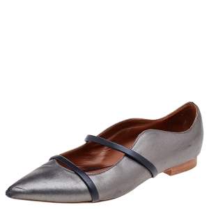 Pre Owned Malone Souliers Metallic Grey Leather Maureen  Ballet Flats Size 37