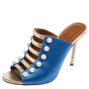 Pre Owned  Malone Souliers Blue/Gold Leather And Satin Zada Mule Sandals Size 36