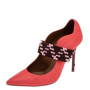 Pre Owned Malone Souliers Red Raffia And Fabric Mannie Pointed-Toe Pumps Size 38.5