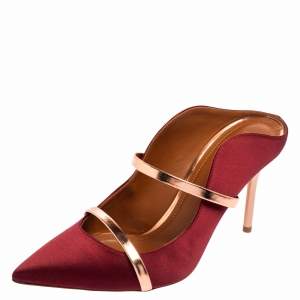 Pre Owned Malone Souliers Wine Satin and Leather Maureen Mule Sandals Size 39.5
