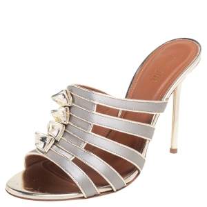 Pre Owned Malone Souliers Metallic/Grey Satin Donna Open Toe Mules Size 39