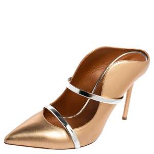 Pre Owned Malone Souliers Gold/Silver Metallic Leather and Patent Leather Maureen Pointed Toe Mule Sandals Size 40