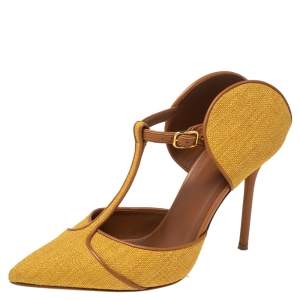 Pre Owned Malone Souliers Yellow Canvas And Leather Trim T Strap Pointed Toe Sandals Size 38.5