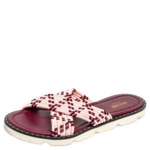 Pre Owned Malone Souliers Pink Raffia Fabric Criss Cross Flat Slide Sandals Size 40