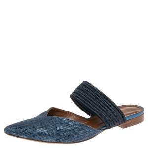 Pre Owned Malone Souliers Navy Blue Canvas and Fabric Maisie Flat Mule Sandals Size 36