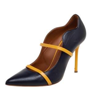 Pre Owned Malone Souliers Navy Blue/Yellow Leather Maureen Pumps Size 37.5