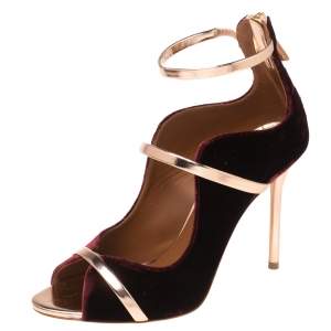 Pre Owned Malone Souliers Burgundy/Metallic Rose Gold Velvet and Leather Mika Sandals Size 38
