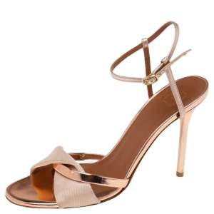 Pre Owned Malone Souliers Rose Gold Leather And Canvas Ankle Strap Sandals Size 36.5