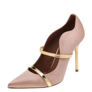 Pre Owned Malone Souliers Pale Pink/Gold Satin and Leather Maureen Pointed Toe Pumps Size 38