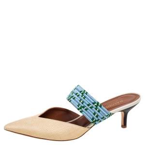 Pre Owned Malone Souliers Cream/Blue Raffia Maisie Pointed-Toe Mules Size 39