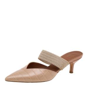 Pre Owned Malone Souliers Beige Croc Embossed Leather Maisie Mules Size 36.5