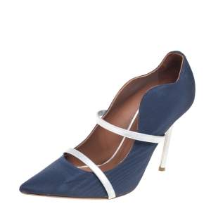 Pre Owned Malone Souliers Navy Blue/Silver Moire Fabric and Leather Maureen Pumps Size 38