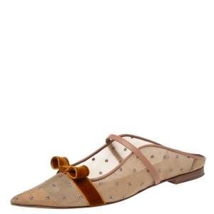 Pre Owned Malone Souliers Beige/Brown Mesh and Velvet Marguerite Bow Flat Mules Size 41