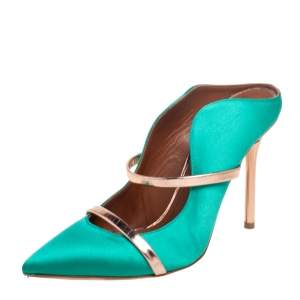 Pre Owned Malone Souliers  Green/Bronze  Satin And Leather Maureen Pumps Size 36.5