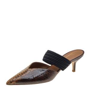 Pre Owned Malone Souliers Brown/Black Python Leather And Cord Maisie Pointed Toe Mules Sandals Size 38
