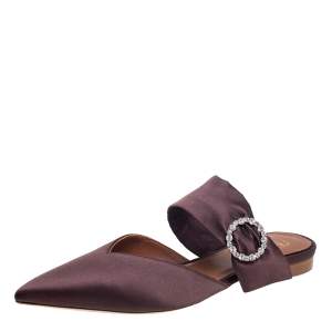 Pre Owned Malone Souliers Brown Satin Maite Crystal Buckle Flats Size 40