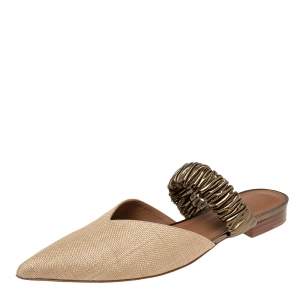 Pre Owned Malone Souliers Beige Raffia Maisie Pointed-Toe Flats Size 39.5
