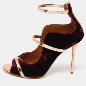 Pre Owned Malone Souliers Burgundy/Metallic Rose Gold Velvet and Leather Mika Sandals Size 39