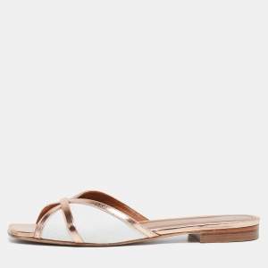 Pre Owned Malone Souliers White/Rose Gold Straw and Leather Flats Size 37.5